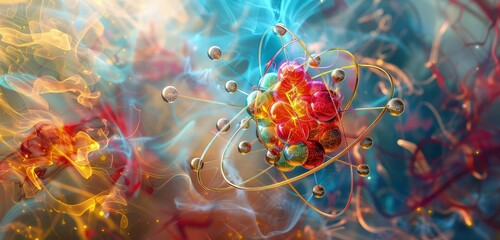A stunning 3D rendering of a physics atom, featuring swirling electron paths and a vibrant nucleus, set against an abstract, energy-filled background.