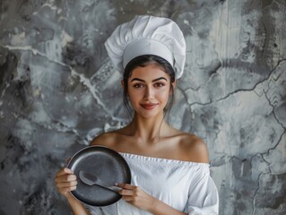 Medium shot of A beautiful young woman in a white apron and chef's hat holding a pan with a sharp knife, themed background, bright tonality, in the style of fashion photography