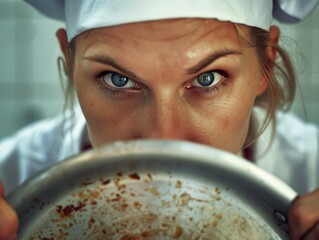 Medium shot of A beautiful young woman in a white apron and chef's hat holding a pan with a sharp knife, themed background, bright tonality, in the style of fashion photography