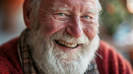 An elderly man with a full white beard and bright eyes smiles warmly, wearing a checkered shirt and red sweater, exuding joy and wisdom.