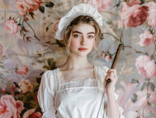 Medium shot of A beautiful young woman in a white apron and chef's hat holding a pan with a sharp knife, themed background, bright tonality, in the style of fashion photography