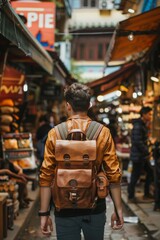 Obraz premium Urban Explorer with Backpack Navigates Crowded City Street Filled with Shops and Cafes