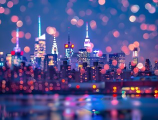 Obraz premium Blurred City Skyline at Night with Bokeh Lights