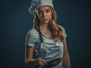 Medium shot of A beautiful young woman in a white apron and chef's hat holding a pan with a sharp knife, themed background, bright tonality, in the style of fashion photography