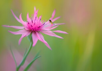 Obraz premium Close-up of Pink Cone-Shaped Flower with Yellow Fly, Macro Photography