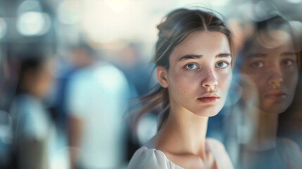 Fototapeta premium A thoughtful young woman with a distant gaze stands amidst a blurred crowd, reflecting a sense of isolation in a bustling environment.