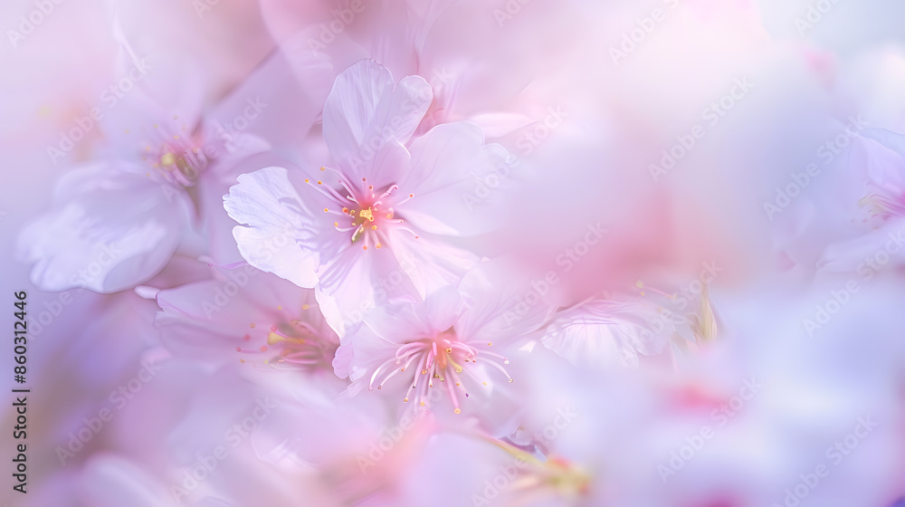Poster cherry blossom sakura flowers abstract blurred wide background of spring blossoms tree selective foc