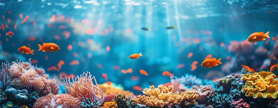 An underwater scene highlighting marine life conservation, showcasing vibrant coral reefs and diverse aquatic species, with space for text. The image focuses on professional color use and balance to