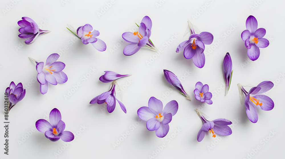 Poster Violet crocuses on a white background Spring flowers Top view flat lay : Generative AI