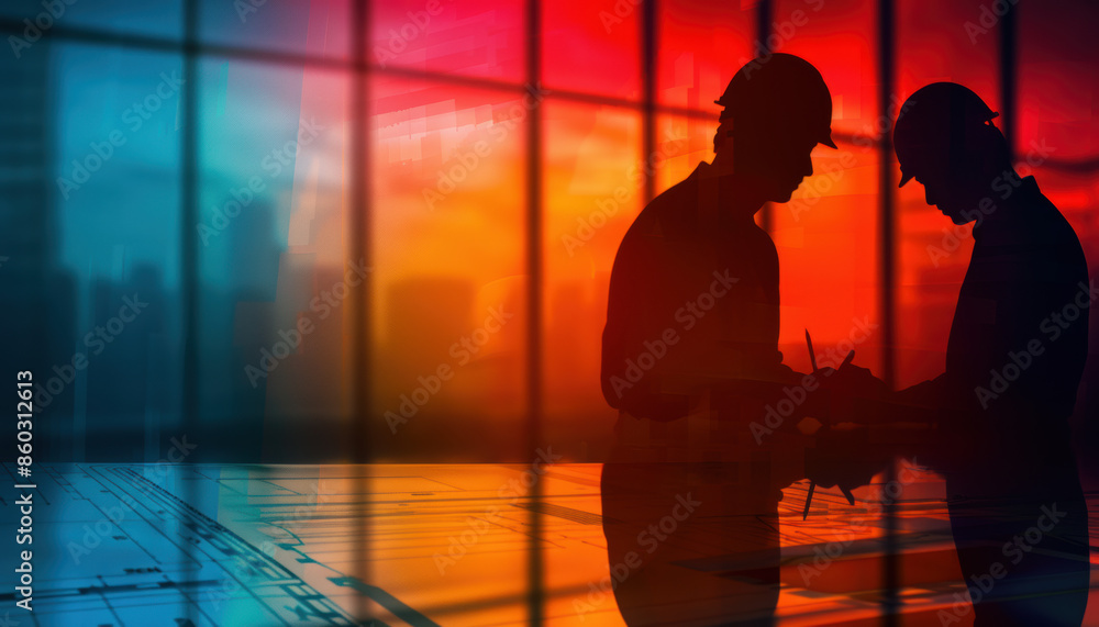 Poster Two men are standing in front of a table with a piece of paper in front of them