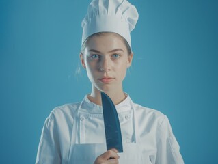 Medium shot of A beautiful young woman in a white apron and chef's hat holding a pan with a sharp knife, themed background, bright tonality, in the style of fashion photography