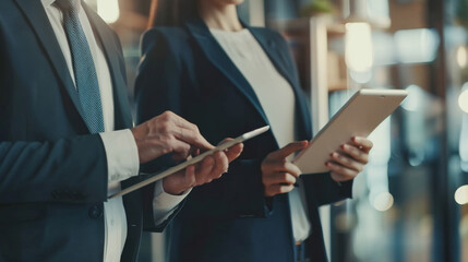 Business professionals in formal attire discuss work on digital tablets in a sophisticated office setting.