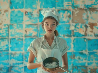 Medium shot of A beautiful young woman in a white apron and chef's hat holding a pan with a sharp knife, themed background, bright tonality, in the style of fashion photography