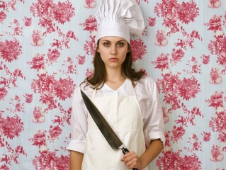 Medium shot of A beautiful young woman in a white apron and chef's hat holding a pan with a sharp knife, themed background, bright tonality, in the style of fashion photography
