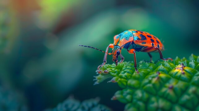 Colourful Baby Bugs Chrysocoris Stollii on Green Leaves