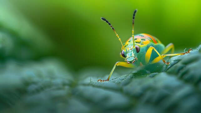 Colorful baby Chrysocoris stollii bugs on green leaves in macro