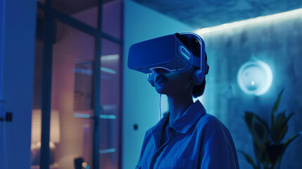 A person uses a virtual reality headset in a futuristic room illuminated in soft blue, suggesting tech immersion and modern escapism.