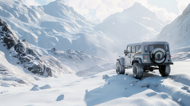 An off-road vehicle in a snowy mountain landscape under a bright sky, symbolizing adventure, exploration, and rugged terrains.