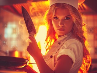 Medium shot of A beautiful young woman in a white apron and chef's hat holding a pan with a sharp knife, themed background, bright tonality, in the style of fashion photography