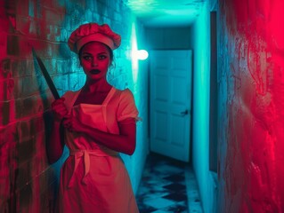 Medium shot of A beautiful young woman in a white apron and chef's hat holding a pan with a sharp knife, themed background, bright tonality, in the style of fashion photography