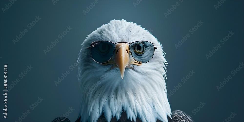 Poster stylish modern eagle design in triangular shape with sunglasses on polyester background. concept fas