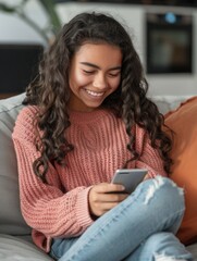 Obraz premium A person sitting on a couch with a cell phone in hand, possibly making a call or checking messages