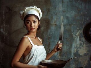 Medium shot of A beautiful young woman in a white apron and chef's hat holding a pan with a sharp knife, themed background, bright tonality, in the style of fashion photography