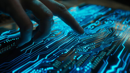 Fingers interacting with a futuristic blue circuit board, symbolizing technology's intricate and advanced nature.