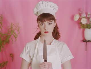 Medium shot of A beautiful young woman in a white apron and chef's hat holding a pan with a sharp knife, themed background, bright tonality, in the style of fashion photography