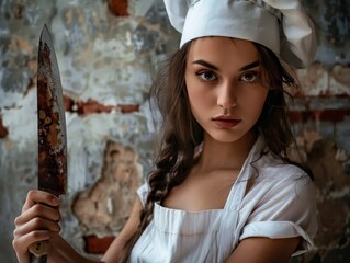 Medium shot of A beautiful young woman in a white apron and chef's hat holding a pan with a sharp knife, themed background, bright tonality, in the style of fashion photography