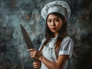Medium shot of A beautiful young woman in a white apron and chef's hat holding a pan with a sharp knife, themed background, bright tonality, in the style of fashion photography