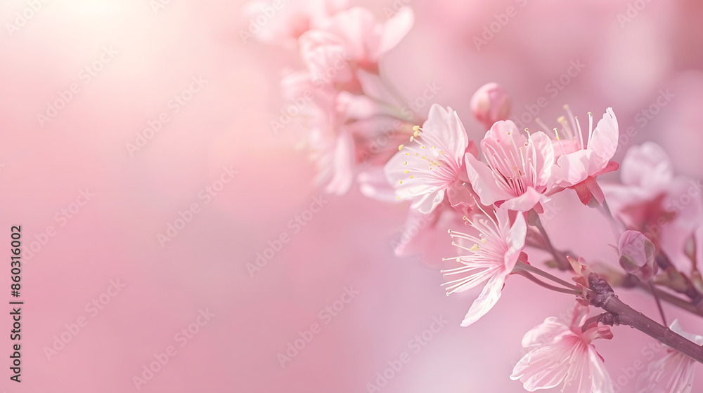 Aufkleber horizontal banner with sakura flowers of pink color on sunny backdrop beautiful nature spring backgr