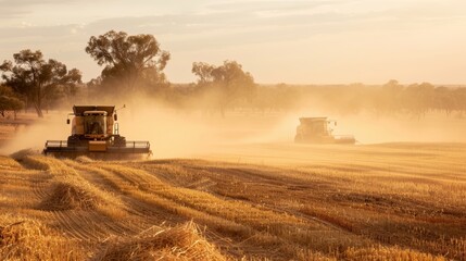 Fototapeta premium Australian Outback Grain Harvest with Dusty Conditions and Rugged Machinery at Sunset