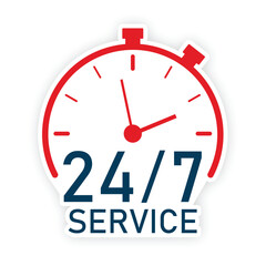 24-7 service. 24 hours a day and 7 days a week service icon. Support service concept with stopwatch and numbers 24-7. Logo. Vector Illustration