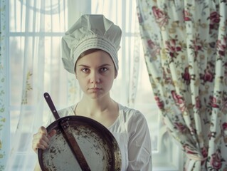 Medium shot of A beautiful young woman in a white apron and chef's hat holding a pan with a sharp knife, themed background, bright tonality, in the style of fashion photography
