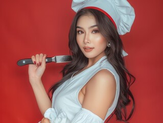 Medium shot of A beautiful young woman in a white apron and chef's hat holding a pan with a sharp knife, themed background, bright tonality, in the style of fashion photography