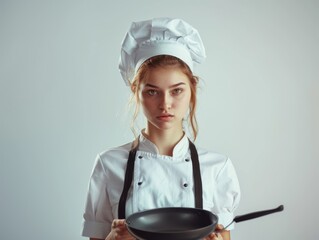Medium shot of A beautiful young woman in a white apron and chef's hat holding a pan with a sharp knife, themed background, bright tonality, in the style of fashion photography