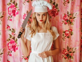 Medium shot of A beautiful young woman in a white apron and chef's hat holding a pan with a sharp knife, themed background, bright tonality, in the style of fashion photography