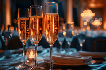 a corporate gala event with champagne glasses on a beautifully decorated table