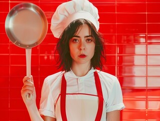 Medium shot of A beautiful young woman in a white apron and chef's hat holding a pan with a sharp knife, themed background, bright tonality, in the style of fashion photography