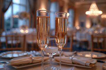 a corporate gala with elegant table settings and champagne glasses