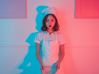 Medium shot of A beautiful young woman in a white apron and chef's hat holding a pan with a sharp knife, themed background, bright tonality, in the style of fashion photography