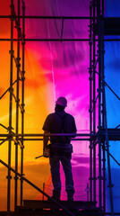 A man wearing a hard hat stands on a scaffold