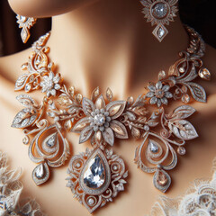 Naklejka premium Elegant Vintage Diamond Jewelry Set: Luxurious Bridal Necklace and Earringsunlit Creativity