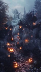 Fototapeta premium Spooky Halloween Garden with Glowing Jack-o'-Lanterns, Eerie Statues, and Fog-Covered Pathway