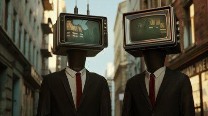 Two individuals dressed in suits with old TV sets as heads stand on a city street, blending retro...