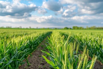 Spring Grain Field with Young Green Plants and Farmers Ensuring a Healthy Crop