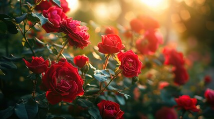 A bunch of red roses are in a field