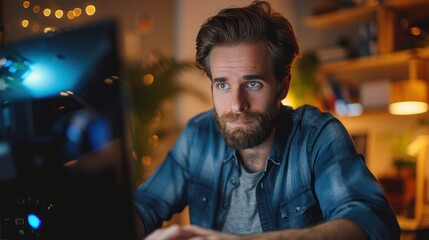 Focused young male programmer typing on computer in dynamic start-up office