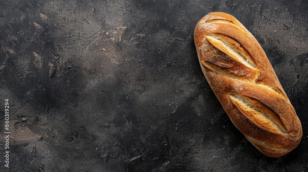 Poster freshly baked bread on dark background with space for text top view